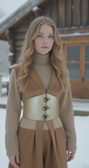 Women Champagne Metallic Beige Corset Belt Wide Hip Waist Silver Hook Buckle S M