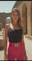 New Women Pink Elastic Fashion Belt Gold Bling Square Buckle S M