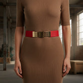 Brand New Women Coral Elastic Waistband Fashion Belt Gold Stripes Metal Buckle Size S M - WB14