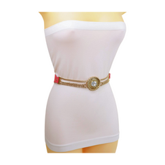 Coral Pink Stretch Belt Gold Metal Chain Fashion Charm S M