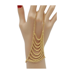 Women Gold Metal Hand Chain Bracelet Multi Wave Connected Ring