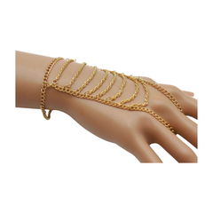 Women Gold Metal Hand Chain Bracelet Multi Wave Connected Ring