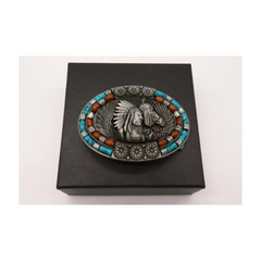 Beaded Native American Indian Chief & Horse Oval Metal Belt Buckle