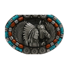 Beaded Native American Indian Chief & Horse Oval Metal Belt Buckle