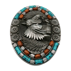 Beaded Native American Indian Chief & Horse Oval Metal Belt Buckle