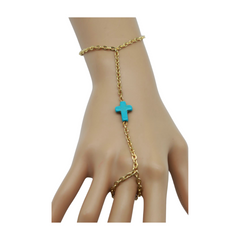 Gold Metal Hand Chain Bracelet Turquoise Blue Cross