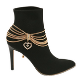 Dangling Rhinestone Heart Charm Multi Strand Metal Boot Chain