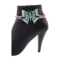 Brand New Women 2PCS Silver Metal Boot Chain Bracelet Shoe Anklet Turquoise Blue Butterfly Charm Set Fashion Jewelry - A PAIR BC9