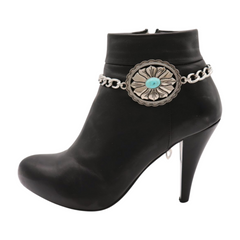 Brand New Women 2PCS Silver Metal Boot Chain Bracelet Shoe Anklet Oval Flower Charm Turquoise Blue Bead Set Fashion Jewelry - A PAIR BC12