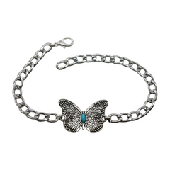 Brand New Women 2PCS Silver Metal Boot Chain Bracelet Shoe Anklet Butterfly Charm Turquoise Blue Bead Set Fashion Jewelry - A PAIR BC13