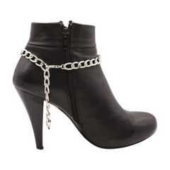 Brand New Women 2PCS Silver Metal Boot Chain Bracelet Shoe Anklet Concho Turquoise Bead Blue Charm Set Fashion Jewelry - A PAIR BC15