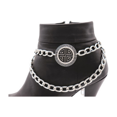 Brand New Women 2PCS Silver Metal Boot Chain Bracelet Shoe Anklet Wave + Bling Charm Set Fashion Jewelry - A PAIR BC16