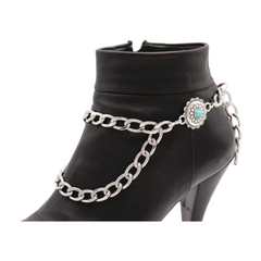 Brand New Women 2PCS Silver Metal Boot Chain Bracelet Shoe Anklet Double Sided Flower Charm Set Fashion Jewelry - A PAIR BC25