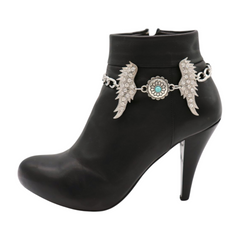 Brand New Women 2PCS Silver Metal Boot Chain Bracelet Shoe Anklet Angel Wings Flower Charm Set Fashion Jewelry - A PAIR BC27