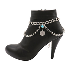 Brand New Women 2PCS Silver Metal Boot Chain Bracelet Shoe Anklet Ethnic Coin Charm Set Turquoise Blue Fashion Jewelry - A PAIR BC31