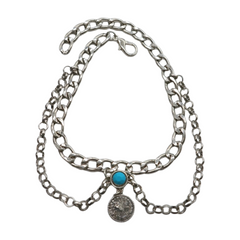 Brand New Women 2PCS Silver Metal Boot Chain Bracelet Shoe Anklet Ethnic Coin Charm Set Turquoise Blue Fashion Jewelry - A PAIR BC31