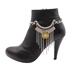 Brand New Women 2PCS Silver Metal Boot Chain Bracelet Shoe Anklet Black Ethnic Charm Fringes Set Fashion Jewelry - A PAIR BC35