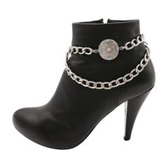Brand New Women 2PCS Silver Metal Boot Chain Bracelet Shoe Anklet Turquoise Coin Charm Set Fashion Jewelry A PAIR BC38