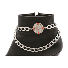 Brand New Women 2PCS Silver Metal Boot Chain Bracelet Shoe Anklet Wave Red Coin Charm Set Fashion Jewelry - A PAIR BC39