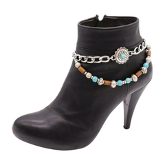 Brand New Women 2PCS Silver Metal Boot Chain Bracelet Shoe Anklet Wave Ethnic Flower Charm Set Fashion Jewelry - A PAIR BC41