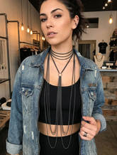 Brand New Women Pewter Black Long Body Chain Necklace Tassel Earrings - WN39