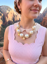 Brand New Cream Pearl-Look Star Necklace And Earrings Set, Gold-Tone Fashion Jewelry - WN6