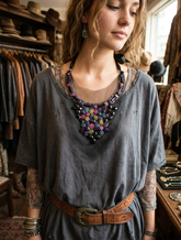 Brand New Women Boho Black Mesh Necklace Beaded Bib Satin Ribbon Tie - WN42