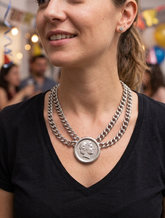 Brand New Women Silver Layered Chain Necklace Coin Pendant With Stud Earrings - WN34