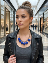 Brand New Women’s Women Short Statement Necklace Gold Chain Blue Bead Charms - WN32