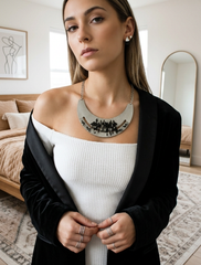 Brand New Silver Tone Statement Necklace Set Black Beads Metal Plate - WN4