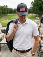 Brand New Adult Unisex Black Ball Cap With American Flag Patch Adjustable Faux Leather Style Hat M16