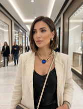Brand New Women’s Gold Tone Chunky Link Collar Necklace With Large Blue Round Pendant, Bold Fashion Jewelry For Dressy Outfits - WN17