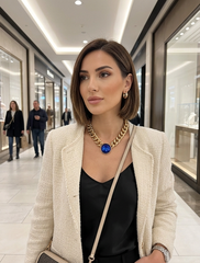Brand New Women’s Gold Tone Chunky Link Collar Necklace With Large Blue Round Pendant, Bold Fashion Jewelry For Dressy Outfits - WN17