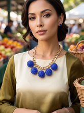 Brand New Gold Tone Chunky Chain Necklace for Women with 5 Large Blue Rhinestone Ball Charms, Short Statement Bib Jewelry, 14-16 Inch, WN67