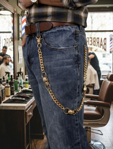 Brand New Men’s Gold Metal Skull Wallet Chain, Handmade In USA 24 In Gothic Jean Loop Chain With Ring And Clasp, Rocker Biker Premium Accessory M27