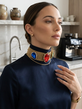 Brand New Women’s Gold-Tone Statement Choker Necklace Wide Mesh Band Multicolor Accents - WN7