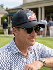 Brand New Adult Unisex Black Ball Cap With American Flag Patch Adjustable Faux Leather Style Hat M16