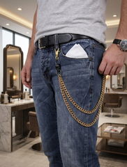 Brand New Gold Double Jean Wallet Chain For Men, 23 In Biker Key Holder With Black Skull Accents, Rocker Trucker Gothic Pants Chain M28