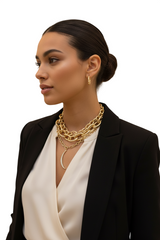 Brand New Layered Gold Tone Chain Necklace for Women, Chunky Mixed Link Statement Jewelry with Rhinestone Crescent Moon Charm, Adjustable 14-17 Inch, WN58