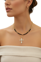 Brand New Layered Cross Necklace for Women, Gold Tone Multi Strand Chain with Black Beads and Clear Rhinestone Pendant, WN59