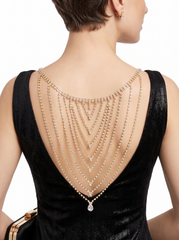 Gold Tone Rhinestone Waterfall Back Necklace, Open Back Wedding Dress Jewelry, Layered Bridal Back Chain, Clear Teardrop Drop WN80