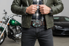 New Men Western Buckle Dark Silver Color Metal Revolver Gun Feather Bull Turquoise