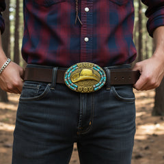 NEW Men Antique Gold Metal Belt Buckle Cowboy Hat Turquoise Blue