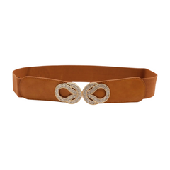 Brand New Women Brown Elastic Waistband Fashion Belt Gold Bling Metal Knot Buckle Size S M - WB15