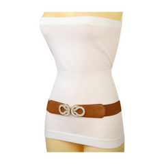 Brand New Women Brown Elastic Waistband Fashion Belt Gold Bling Metal Knot Buckle Size S M - WB15