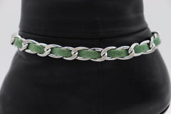 Brand New Women 2PCS Silver Boot Chain Bracelet Green Fabric Band Charm Shoe Anklet PAIR BC49