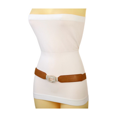 Brand New Women’s Brown Skinny Elastic Waistband Fashion Belt with Gold Bling Knot Buckle – Size Small to Medium – WB8