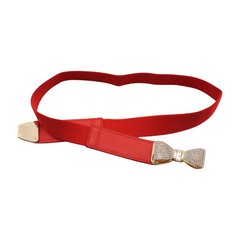 Brand New Women Red Skinny Elastic Waistband Fashion Belt Gold Metal Bling Bow Ribbon Buckle Size S M - WB10