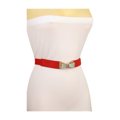 Brand New Women Red Skinny Elastic Waistband Fashion Belt Gold Metal Bling Bow Ribbon Buckle Size S M - WB10