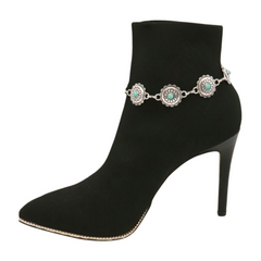 Brand New NEW Women Silver Metal Chain Boot Bracelet Shoe Turquoise Blue Flower Charm SET BC98